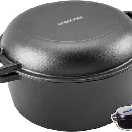 2-in-1 Pre-Seasoned Cast Iron Dutch Oven Pot with Skillet Lid Cooking Pan,Cast Iron Skillet Cookware Pan Set with Dual Handles Indoor Outdoor for Bread baking, Frying, Camping, BBQ,5QT.