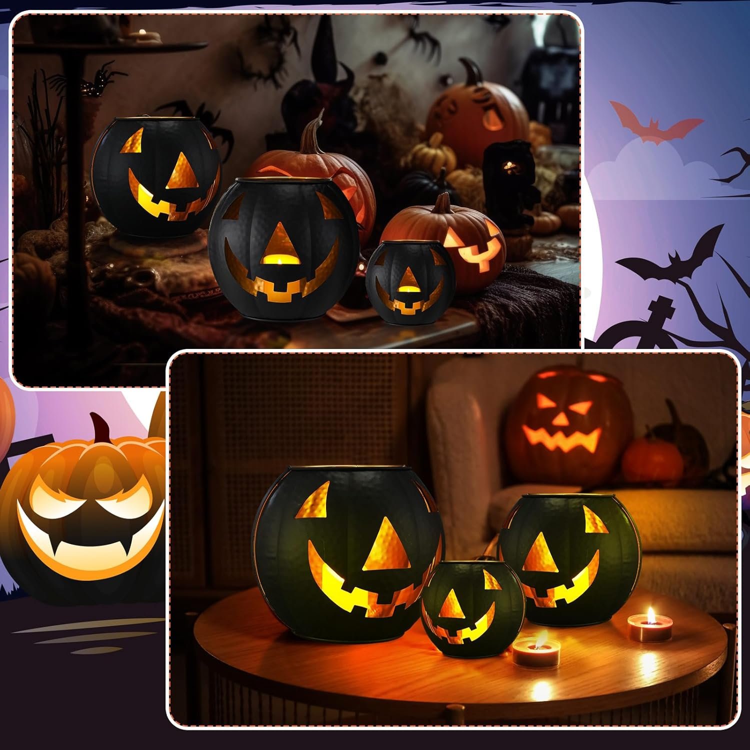 3 Pcs Halloween Metal Jack O Lanterns Pumpkin Set with LED Candles and Black Creepy Cloth Set of 3 Jack O Lantern Halloween Fall Outside or Inside Table Ornaments for Home Festival Party Decor - Image 6