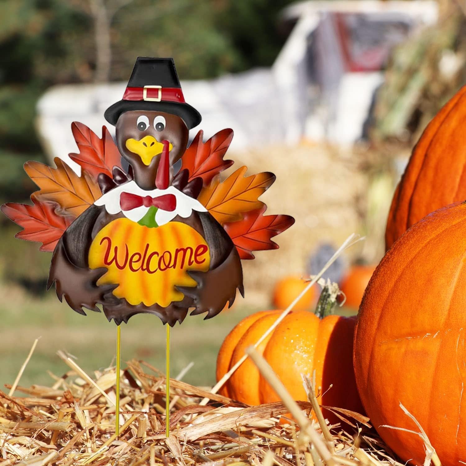 Metal Turkey Fall Harvest Outdoor Yard Stakes, Thanksgiving Turkey Pumpkin Yard Welcome Sign with Stake Outdoor Decoration - Image 3