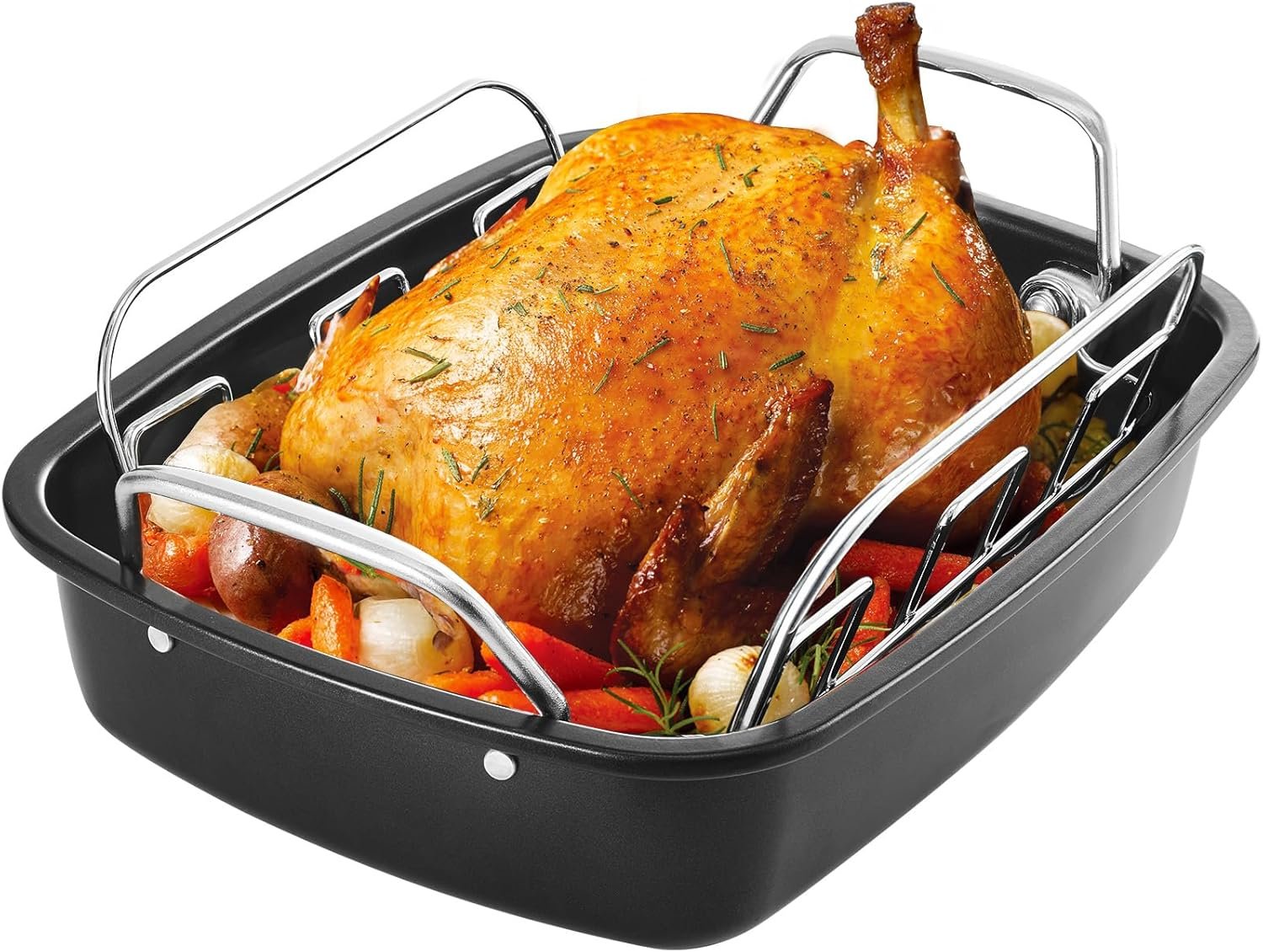 KITESSENSU Large Roasting Pan with Rack - 25 LB Nonstick Turkey Roaster Pan for Oven - Heavy Duty Carbon Steel Roasting Pan with Wider Handles for Chicken, Vegetables & Holiday Meals, Gray - Image 8