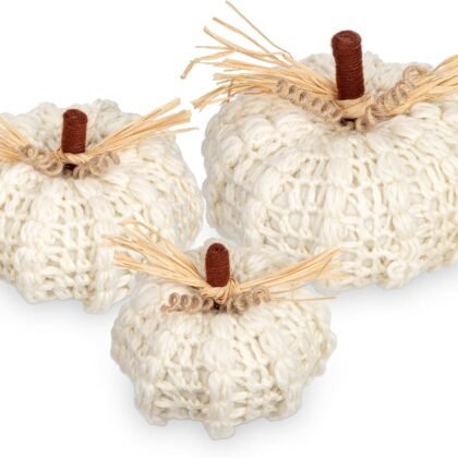 Briful Large Neutral White Yarn Knitted Crocheted Pumpkins, Christmas Decorations, Autumn Fall Décor, Thanksgiving Gifts - 7in/6 1/4in/5 1/2in