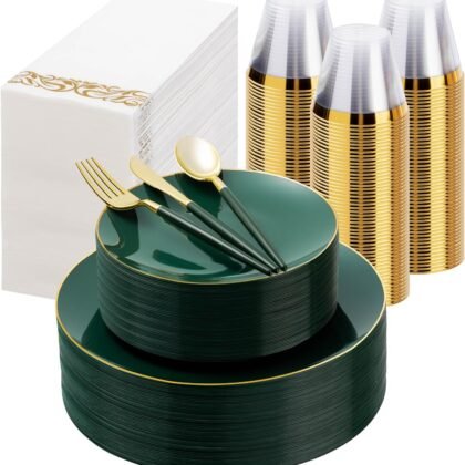 350 Pieces Green Gold Plastic Dinnerware Set, Gold Disposable Plates for Party, Include 100 Green Plates with 150 Plastic Cutlery, 50 Napkins and 50 Cups