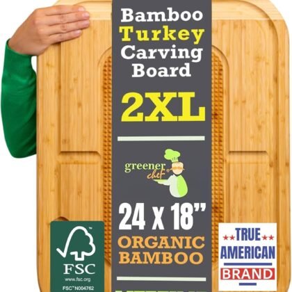 GREENER CHEF 24 Inch 2XL Organic Meat Carving Board with Lifetime Replacements - Wooden Butcher Block with Pour Spout, Turkey Platter for Holidays, Meat Cutting Board