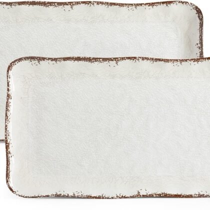 LEHAHA Farmhouse Large Serving Platters, 2 Piece Melamine Dinnerware Set, 17.5 x 10 Inches Vintage Serving Tray, Rectangle White Rustic Trays Set of 2