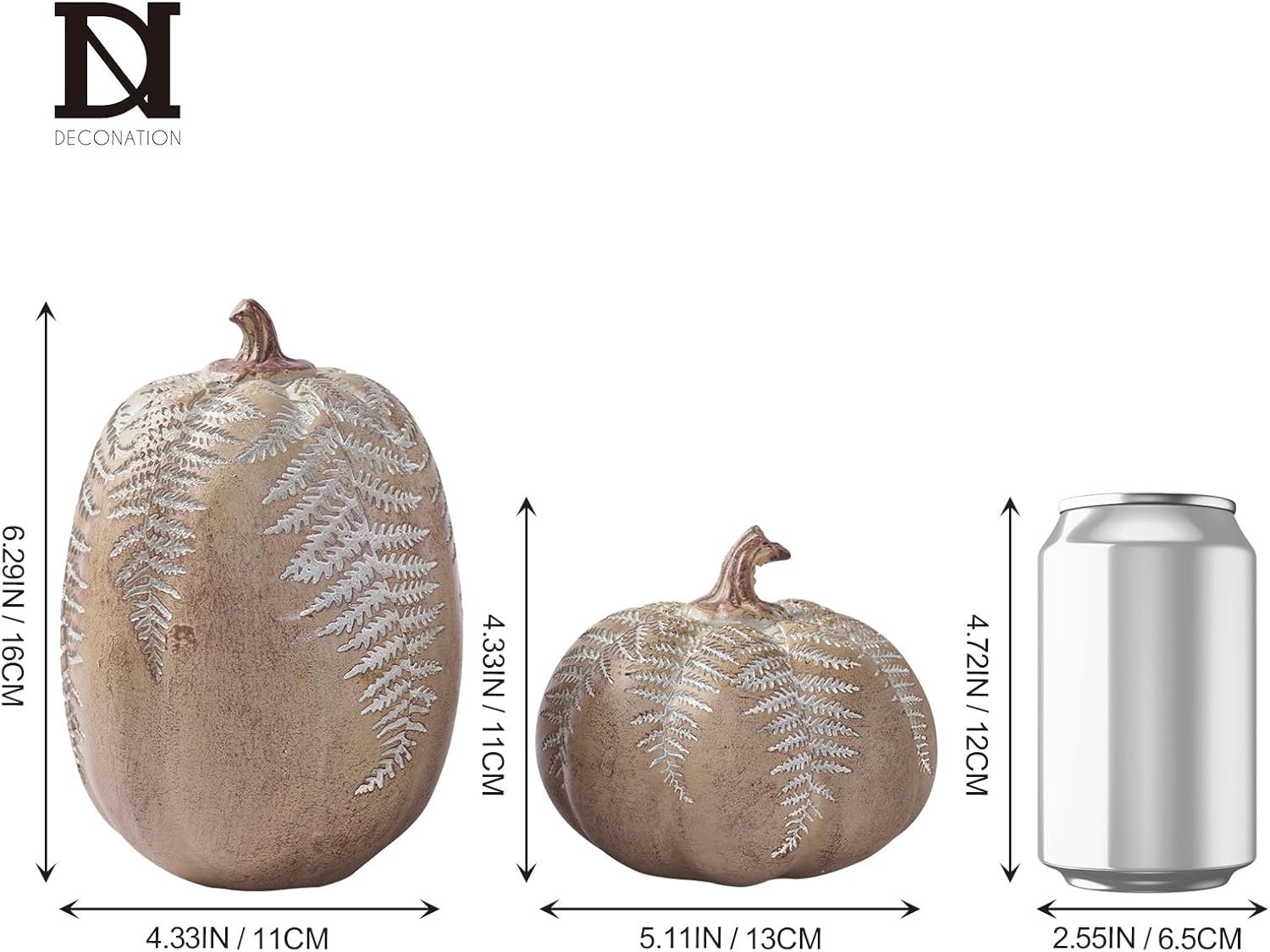 DN DECONATION 2-Pack Fall Pumpkin Decorations for Home, Faux Pumpkins for Decorating, Rustic Brown Resin Pumpkins Decor with Carved Leaves – Thanksgiving Table Centerpiece, Modern Farmhouse Fall Decor - Image 3