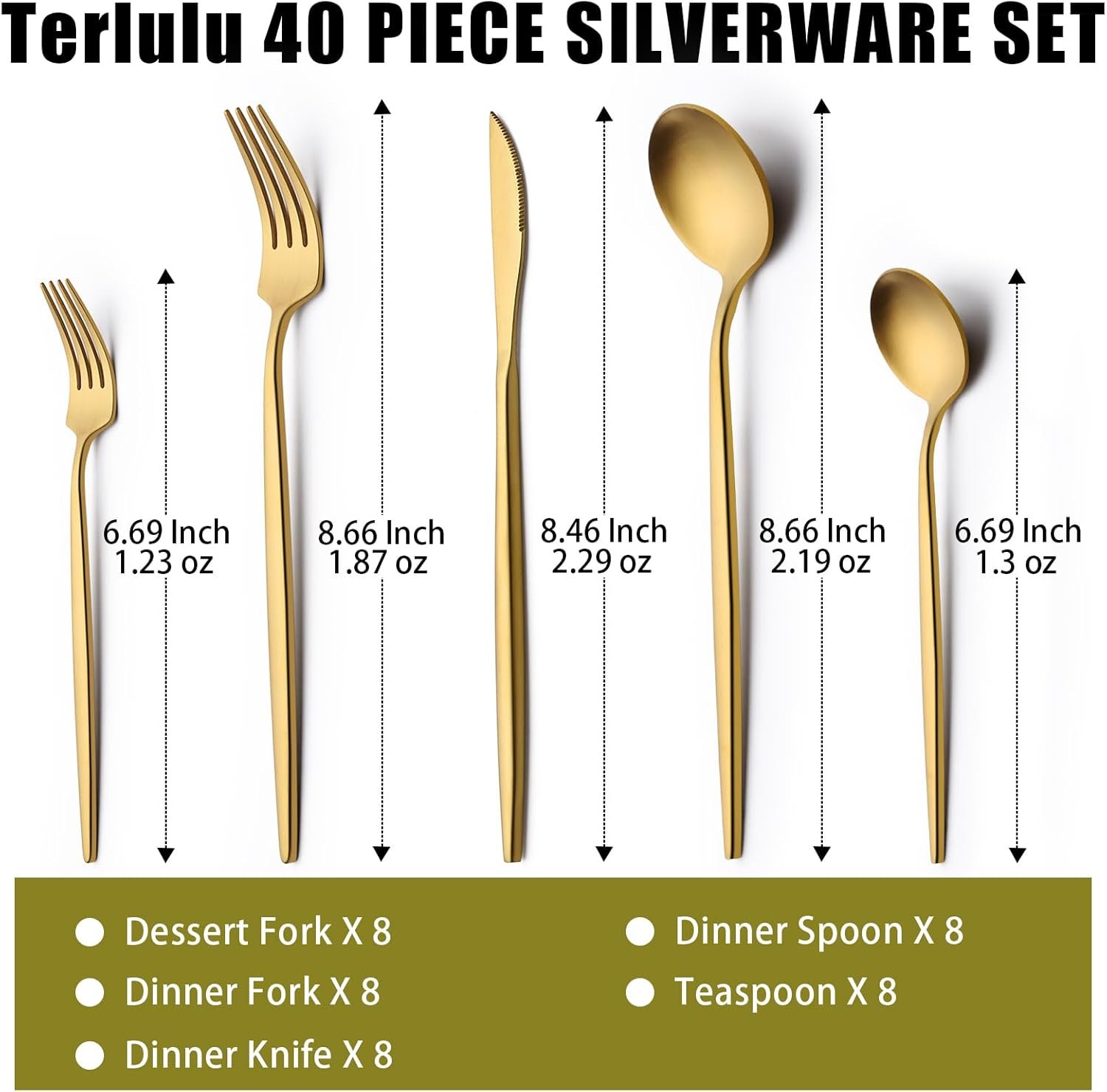 40 Piece Gold Silverware Set for 8, Terlulu Stainless Steel Flatware Set, Gold Cutlery Set Utensils Set, Tableware Include Forks Knives Spoons for Home Kitchen Restaurant Wedding, Satin Finish - Image 2