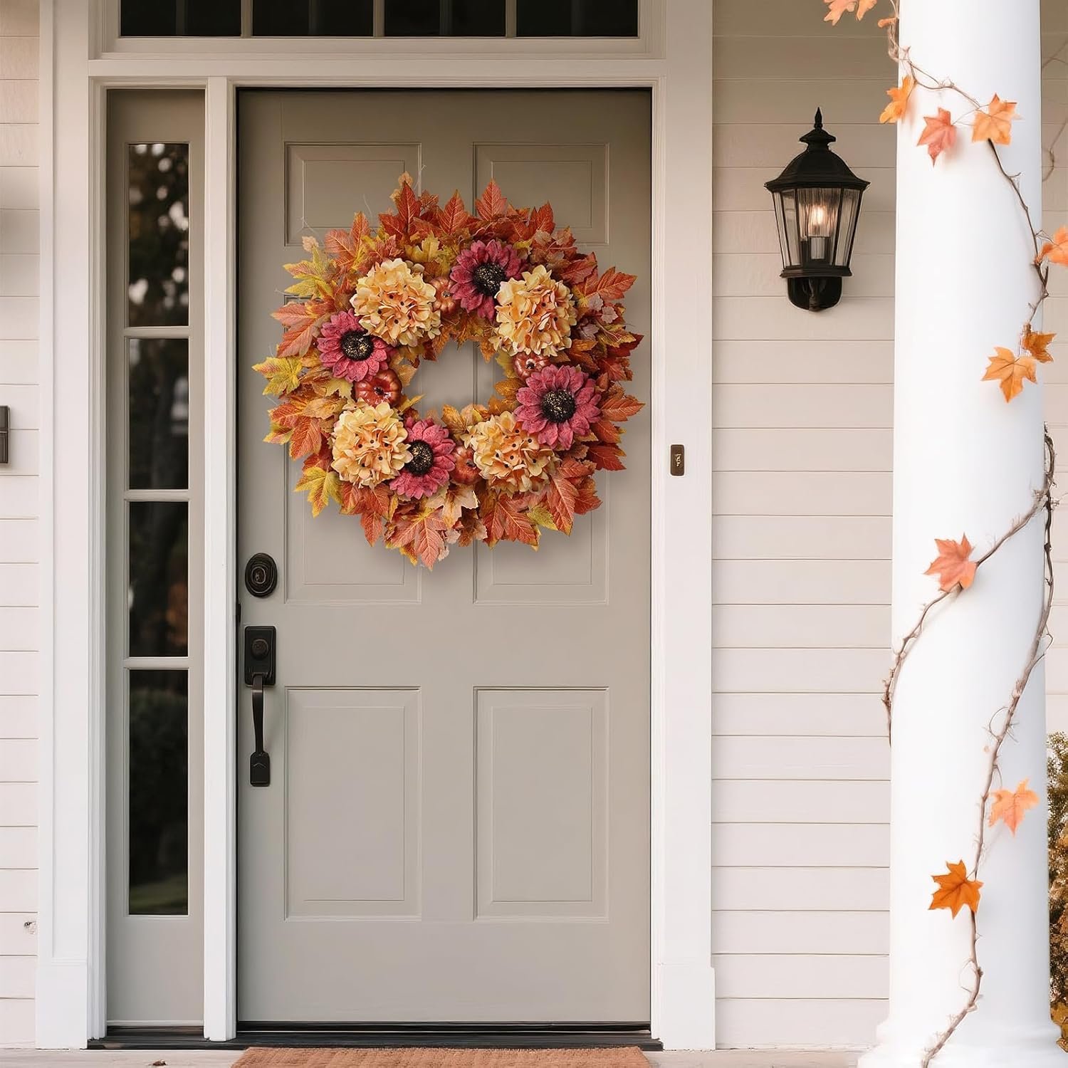 28'' Large Fall Wreath for Front Door, Porch, Window- Artificial Maple Leaves Faux Sunflower Hydrangea Pumpkins Outdoor Autumn Wreath for Home, Farmhouse Wall Thanksgiving Day Harvest Festival Decor - Image 8