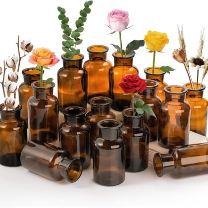 TOPZEA Set of 16 Amber Glass Bud Vases, 8.5 oz Small Brown Bud Vase Bulk Boho Glass Vase Decorative Medicine Bottle Vintage Apothecary Jar for Flower, Wedding Reception, Table Centerpieces, Home Decor