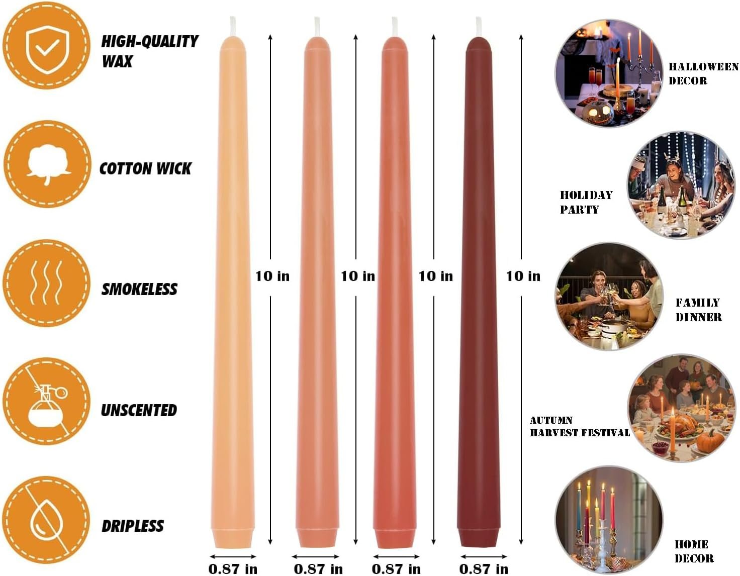 12-Pack Earth Tone Taper Candles, 10 Inch Unscented Dripless Candlesticks, Long-Lasting Burn Time of 7-8 Hours, Perfect for Fall Harvest Halloween Thanksgiving Dinners Parties and Home Décor - Image 7