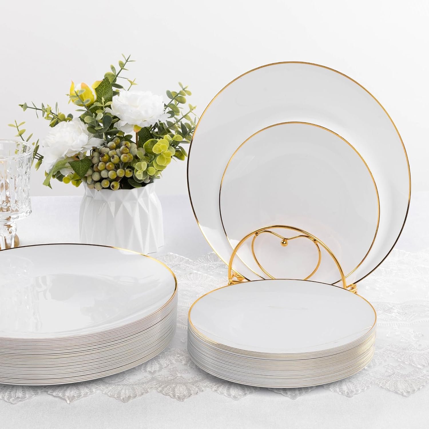 100 PCS Gold and White Plastic Plates, 7 inch White Disposable Plates for Party, Plastic Dessert/Salad Plates - Image 8