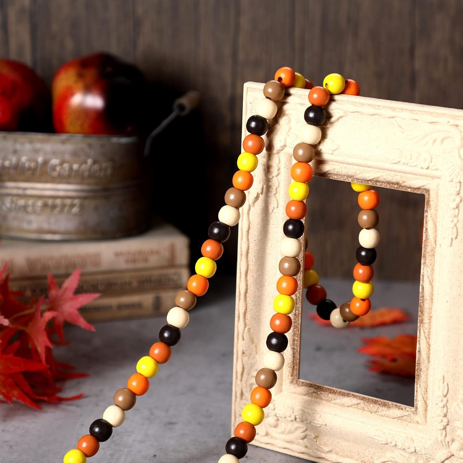 Hicarer 16 ft Thanksgiving Wooden Bead Garland 350 Pcs Black Orange White Wood Bead Thanksgiving Tiered Tray Decor Fall Boho Garland for Mantle Shelf Wall Hanging Rustic Farmhouse - Image 4