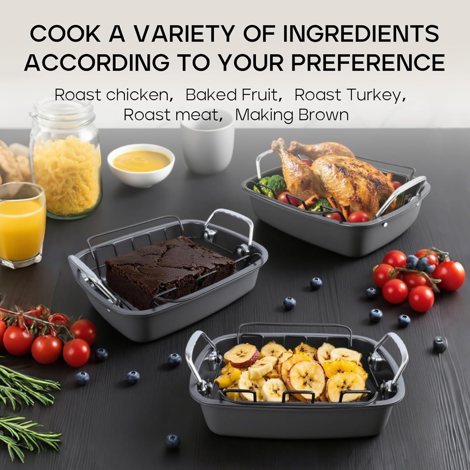 Nonstick Turkey Roasting Pan with Rack - 17×13.6 Inch Large Turkey Roaster Pan For Oven - Double-Ply Clad NonStick Roasting Pan For Roasting Chicken, Meats and Vegetables(Dark Gray) - Image 4