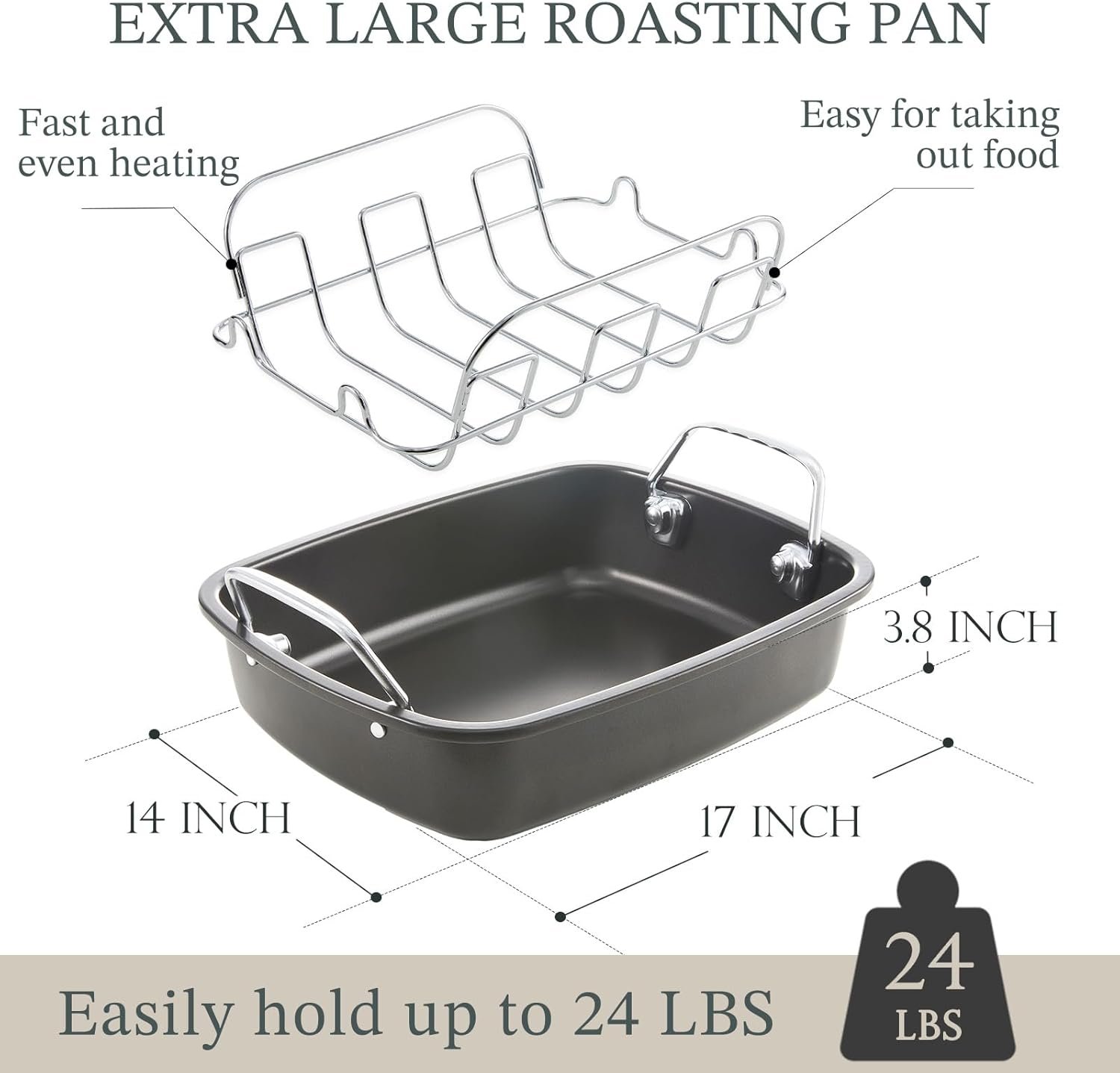 KITESSENSU Large Roasting Pan with Rack - 25 LB Nonstick Turkey Roaster Pan for Oven - Heavy Duty Carbon Steel Roasting Pan with Wider Handles for Chicken, Vegetables & Holiday Meals, Gray - Image 4