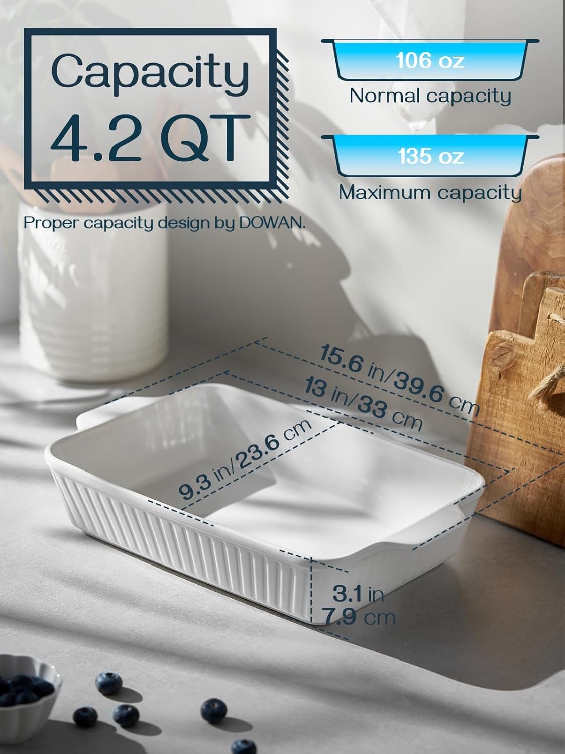 DOWAN Casserole Dish, 9x13 Ceramic Baking Dish, Large Lasagna Pan Deep for Oven, 4.2 Quarts Baking Pan with Handles, Oven Safe and Durable Bakeware for Lasagna, Home Decor, Wedding Gift, Soft White - Image 2