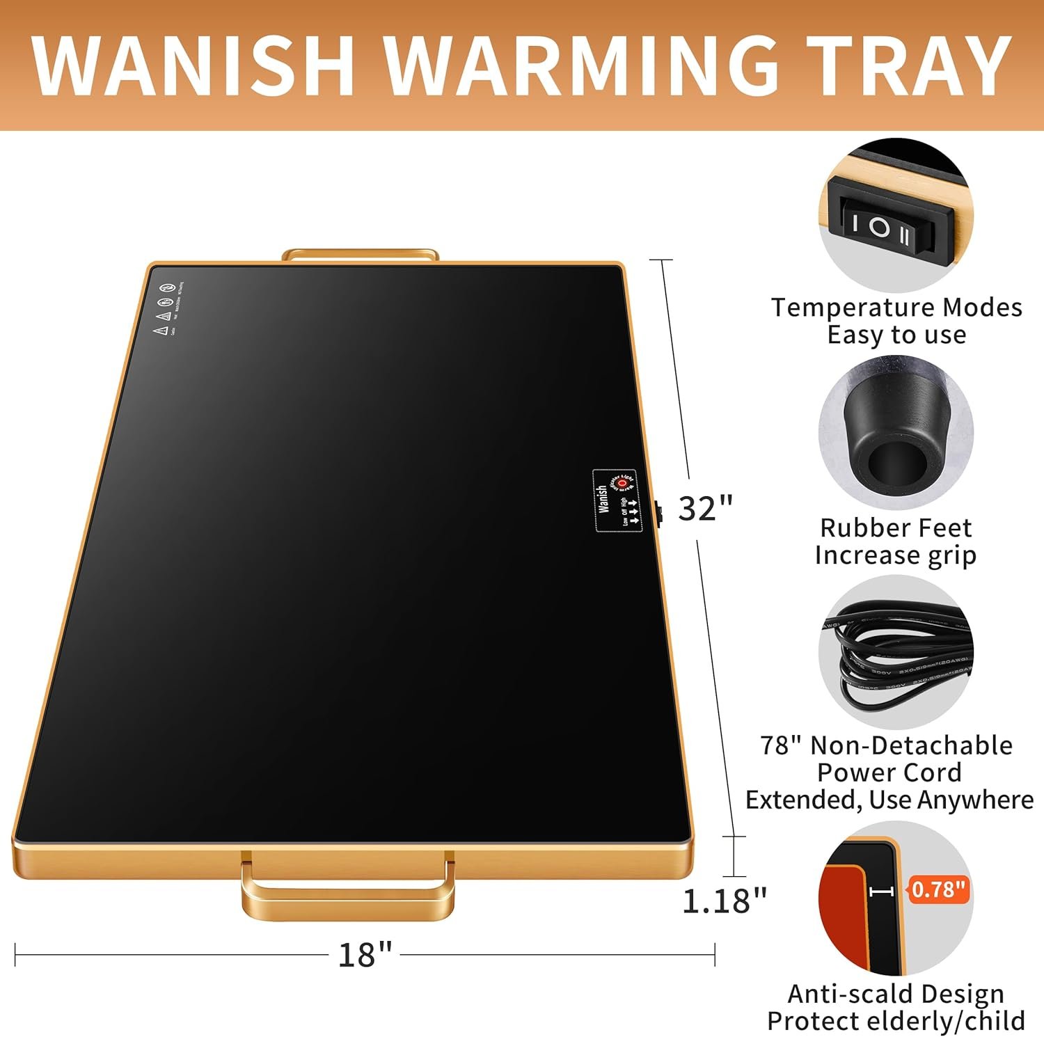 Electric Warming Tray (XXL 32”x18”),Food Warmers for Parties Buffet with Thermostat & Full Surface Heating, Tempered Glass Warming Mat for Food, Temperature Adjustable Gold Handles Food Warming Mat - Image 2