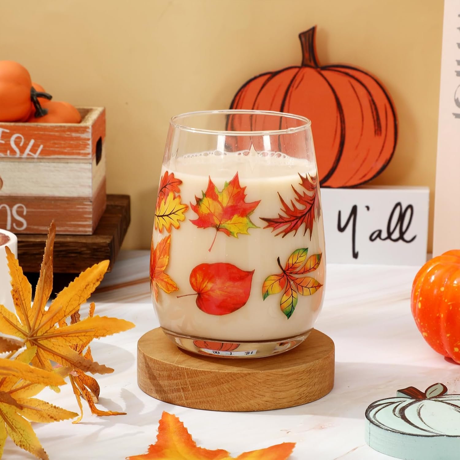 Whaline 2Pcs Fall Stemless Wine Glasses 17oz Watercolor Maple Leaf Drinking Glasses Fall Leaves Tumbler Cups for Autumn Thanksgiving Party Supplies Gifts - Image 5