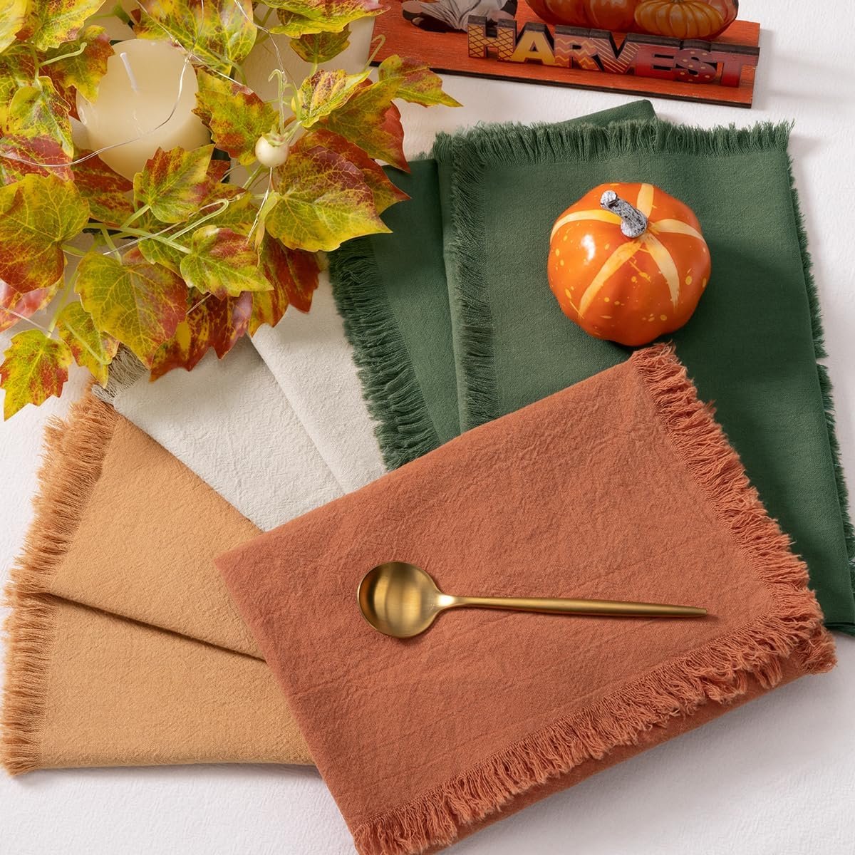 12 Pack Mixed Thanksgiving Color Cotton Linen Napkins With Fringe - Fall Cloth Set of 12 Boho Handmade Dinner Bulk for Wedding Fall Dining Table, 17 x 17 - Image 3