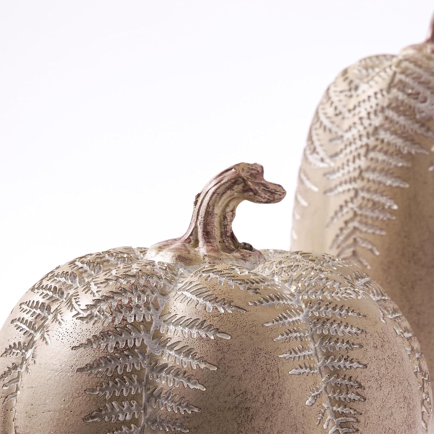 DN DECONATION 2-Pack Fall Pumpkin Decorations for Home, Faux Pumpkins for Decorating, Rustic Brown Resin Pumpkins Decor with Carved Leaves – Thanksgiving Table Centerpiece, Modern Farmhouse Fall Decor - Image 5