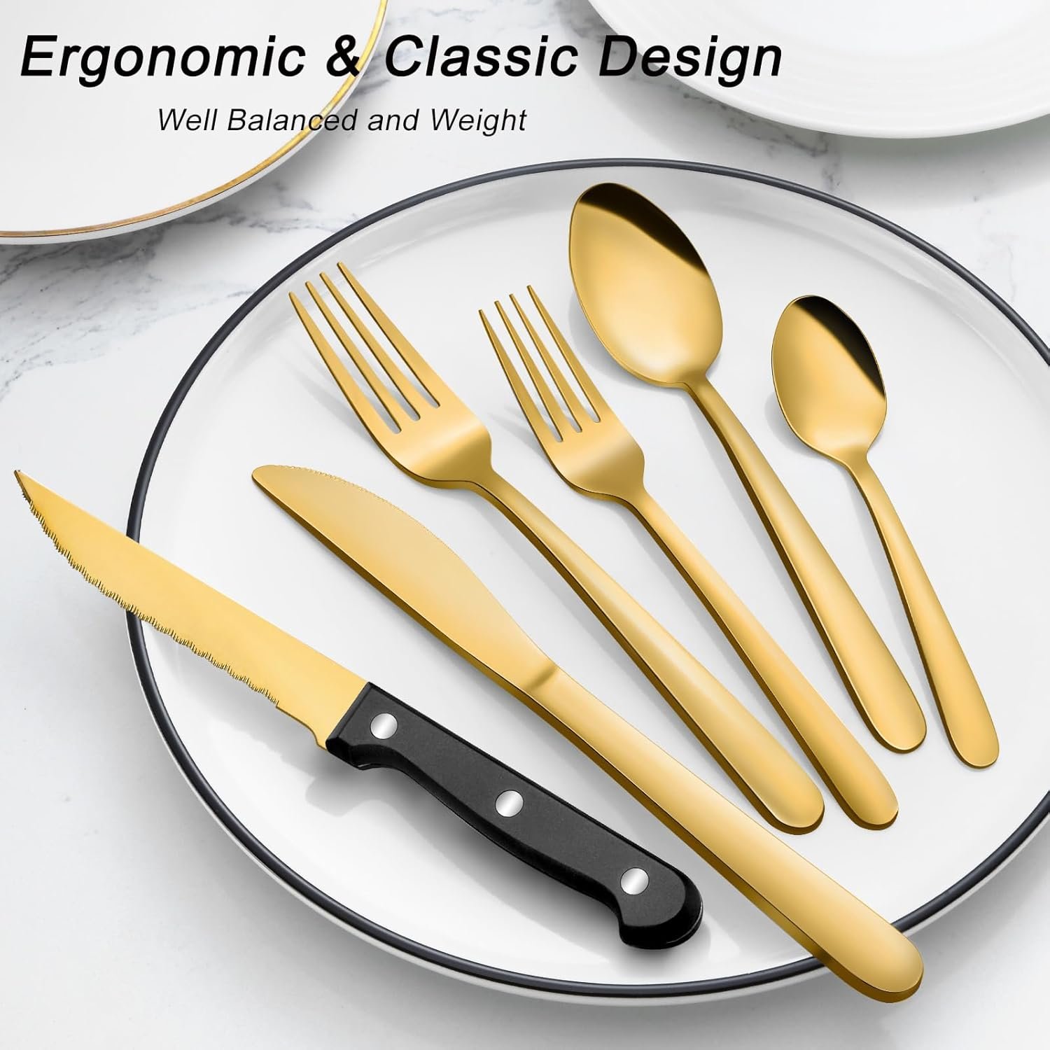 Pleafind 72Pcs Gold Silverware Set for 12 - Dishwasher Safe, Flatware Set with Steak Knives, Stainless Steel Cutlery Set, Include Forks Spoons and Knives Set, Utensil Sets for Home Restaurant - Image 6