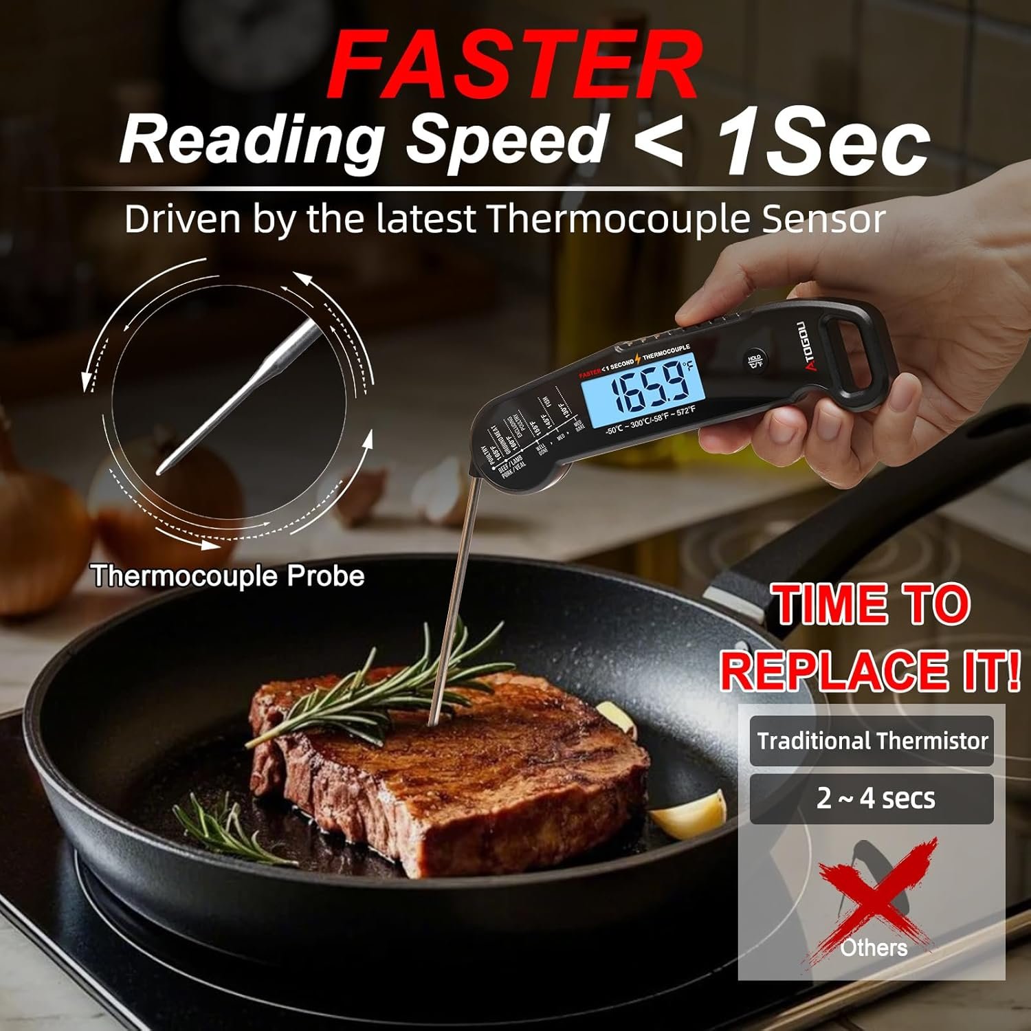 Professional Food & Meat Thermometer, 1 Sec Instant Read & ±0.5℉ Accuracy Driven by Thermocouple Sensor. IP67 Waterproof Digital Thermometer for Cooking, BBQ, Grill Gifts for Men Him Dad Birthday - Image 3