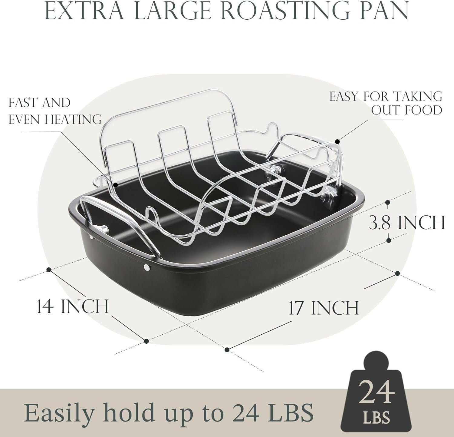 KITESSENSU Nonstick Turkey Roasting Pan with Rack 17 x 14 inch - Large Chicken Roaster Pan for Oven - Wider Handles & Heavy Duty Construction - Suitable for 24lb Turkey, Gray - Image 6