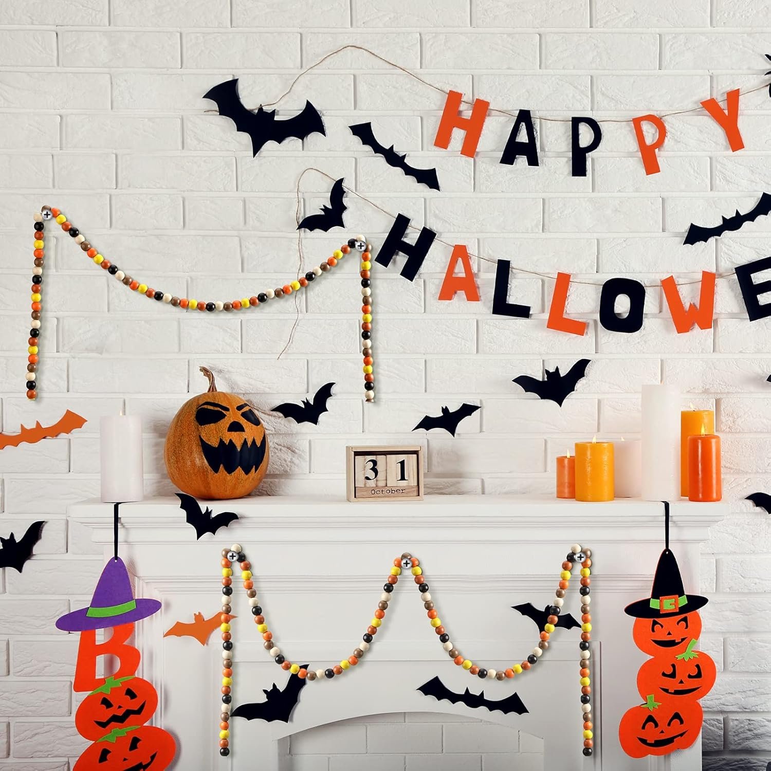 Hicarer 16 ft Thanksgiving Wooden Bead Garland 350 Pcs Black Orange White Wood Bead Thanksgiving Tiered Tray Decor Fall Boho Garland for Mantle Shelf Wall Hanging Rustic Farmhouse - Image 6