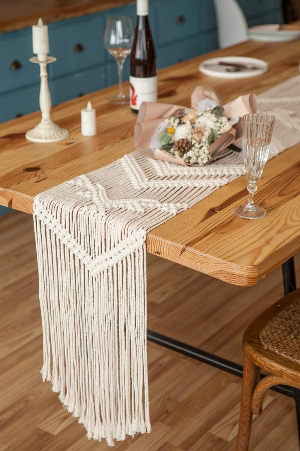 Mkono 100 Inches Boho Macrame Table Runner Woven Thanksgiving Christmas Party Decor Handmade Linen Placemats with Tassels Home Decoration for Dining Room Kitchen, 12 x 100 Inches - Image 4