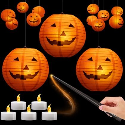 12pcs 10in Floating Jack-O-Lanterns with Wand Remote and 24pcs LED Tea Lights for Decor