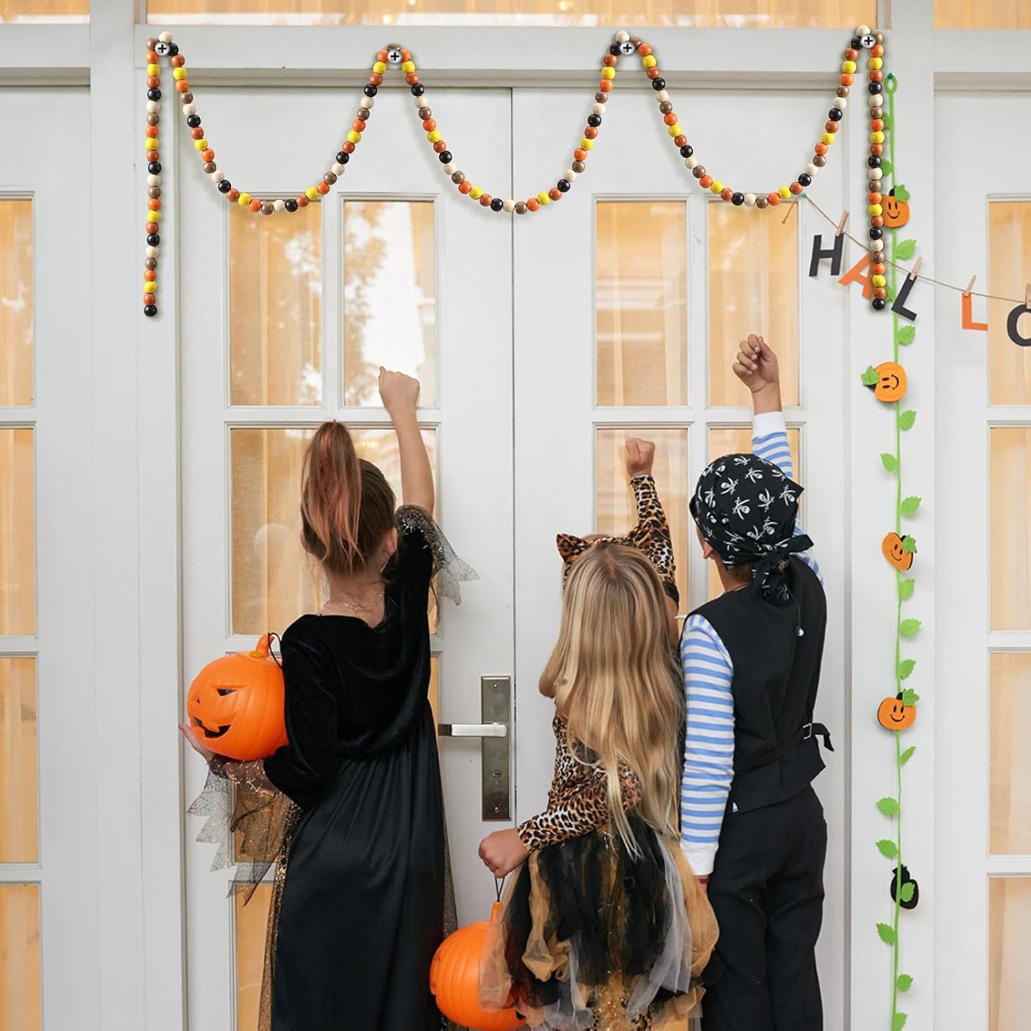 Hicarer 16 ft Thanksgiving Wooden Bead Garland 350 Pcs Black Orange White Wood Bead Thanksgiving Tiered Tray Decor Fall Boho Garland for Mantle Shelf Wall Hanging Rustic Farmhouse - Image 5