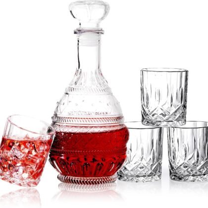Whiskey Decanter Set for Men, 5-Piece Crystal Glass Decanter Set with 1000ml(33.8 oz) Decanter and 4×230ml(7.8oz) Glasses, Elegant Whiskey Glass Set for Men, Husband, Birthday Father Gift (Clear-C)