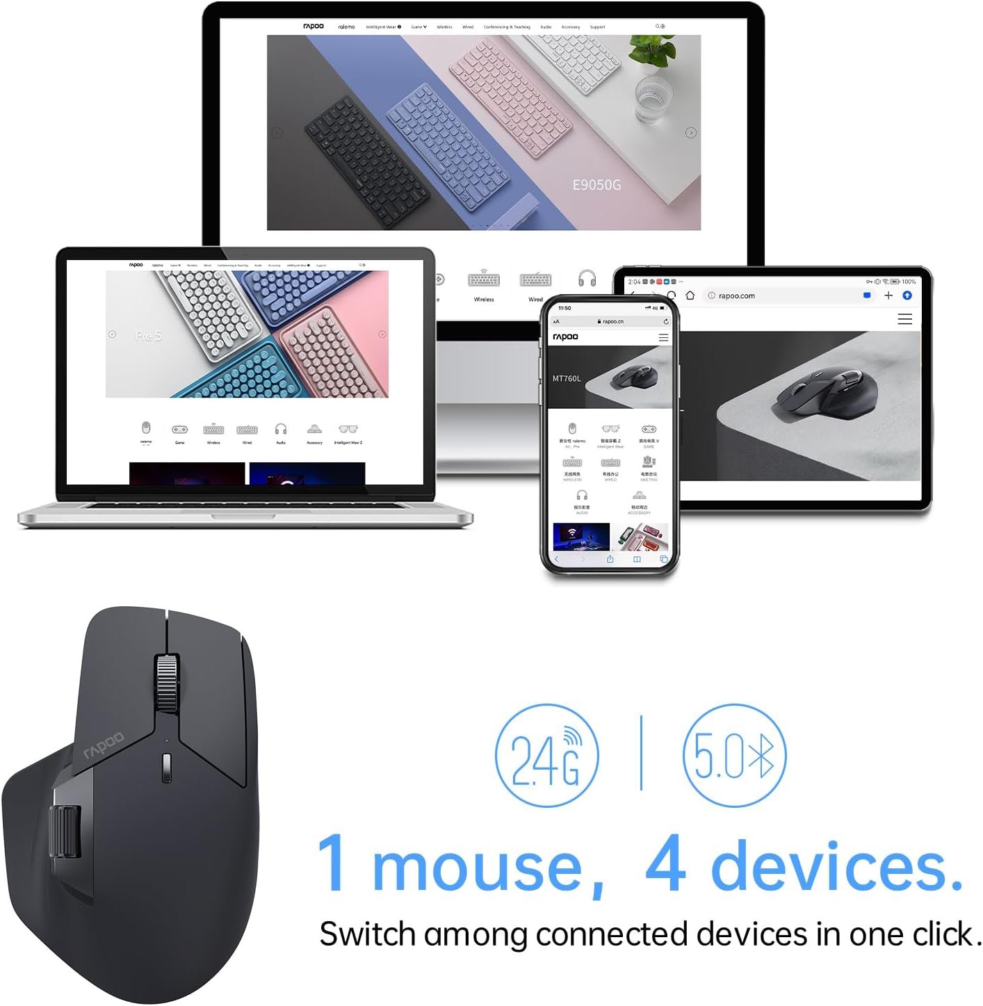 Rapoo MT760 Multi-Device Wireless Mouse, Bluetooth 5.0 and 2.4G Multi-Mode Connection, Up to 4 Devices, 11 Programmable Buttons, 4K DPI, 90 Days Battery Life, PC, Matte Black - Image 2