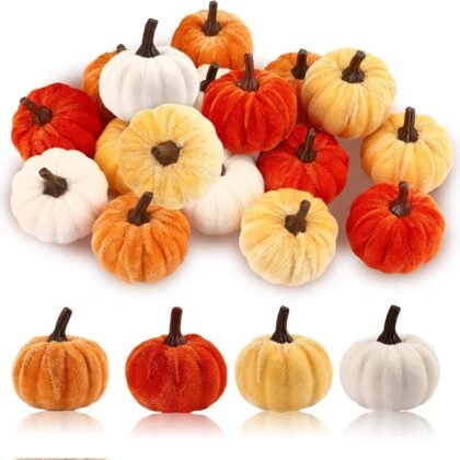16 pcs Fall Autumn Artificial Velvet Pumpkins, Mini Faux Pumpkins for Thanksgiving Harvest Home Farmhouse Wedding Decor Centerpieces Table Mantel Autumn Decor