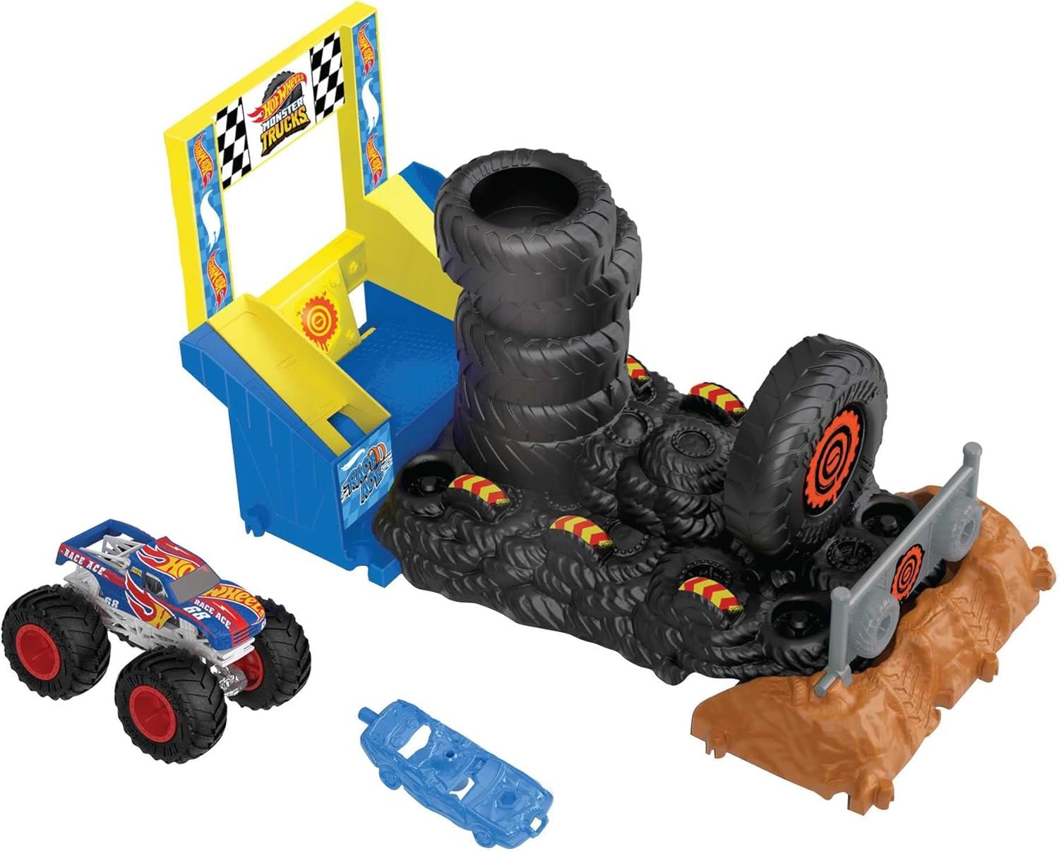 Hot Wheels Monster Trucks Arena Smashers Race Ace Smash Race Challenge Playset with 1:64 Scale Race Ace Toy Truck and 1 Crushable Car