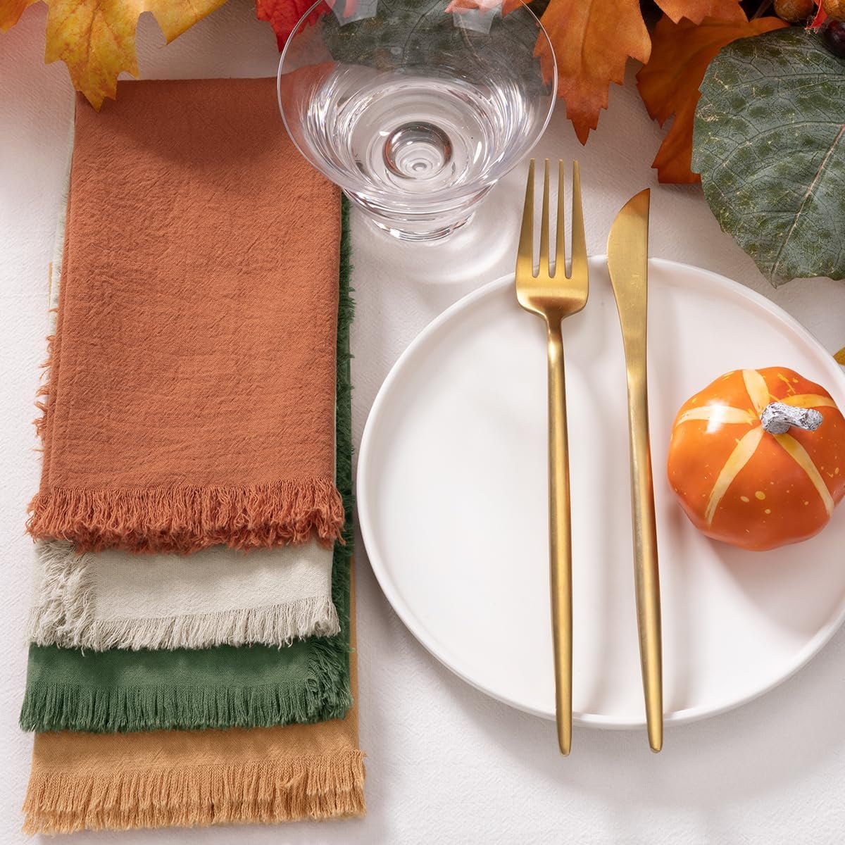 12 Pack Mixed Thanksgiving Color Cotton Linen Napkins With Fringe - Fall Cloth Set of 12 Boho Handmade Dinner Bulk for Wedding Fall Dining Table, 17 x 17 - Image 6