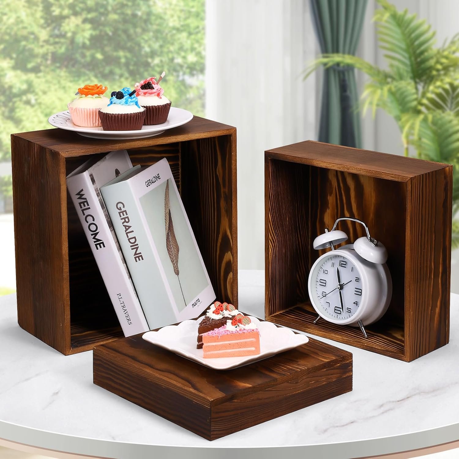 6 Pack Wooden Risers Display Stands Rustic Wood Cake & Cupcake Stands for Party Square Food Risers for Buffet Wooden Crates for Display Home Decor - Image 3