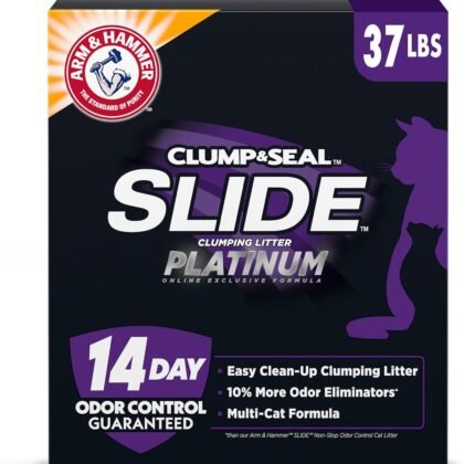 ARM & HAMMER Clump & Seal SLIDE Platinum Multi-Cat Clumping Cat Litter, 14-Day Odor Control, EZ Clean Technology, 37 lbs – No Scrubbing, Powerful Odor Eliminator