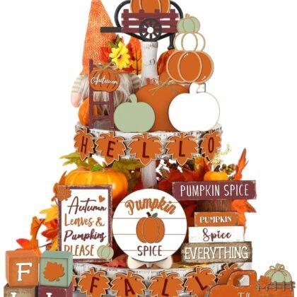 Maitys 21 Pcs Thanksgiving Tiered Tray Decor Set Fall Pumpkin Gnome Truck Scarecrow Wood Sign Rustic Farmhouse Decor Hello Fall Wood Bead Decorative Tabletop Sign for Autumn Thanksgiving Day(Retro)