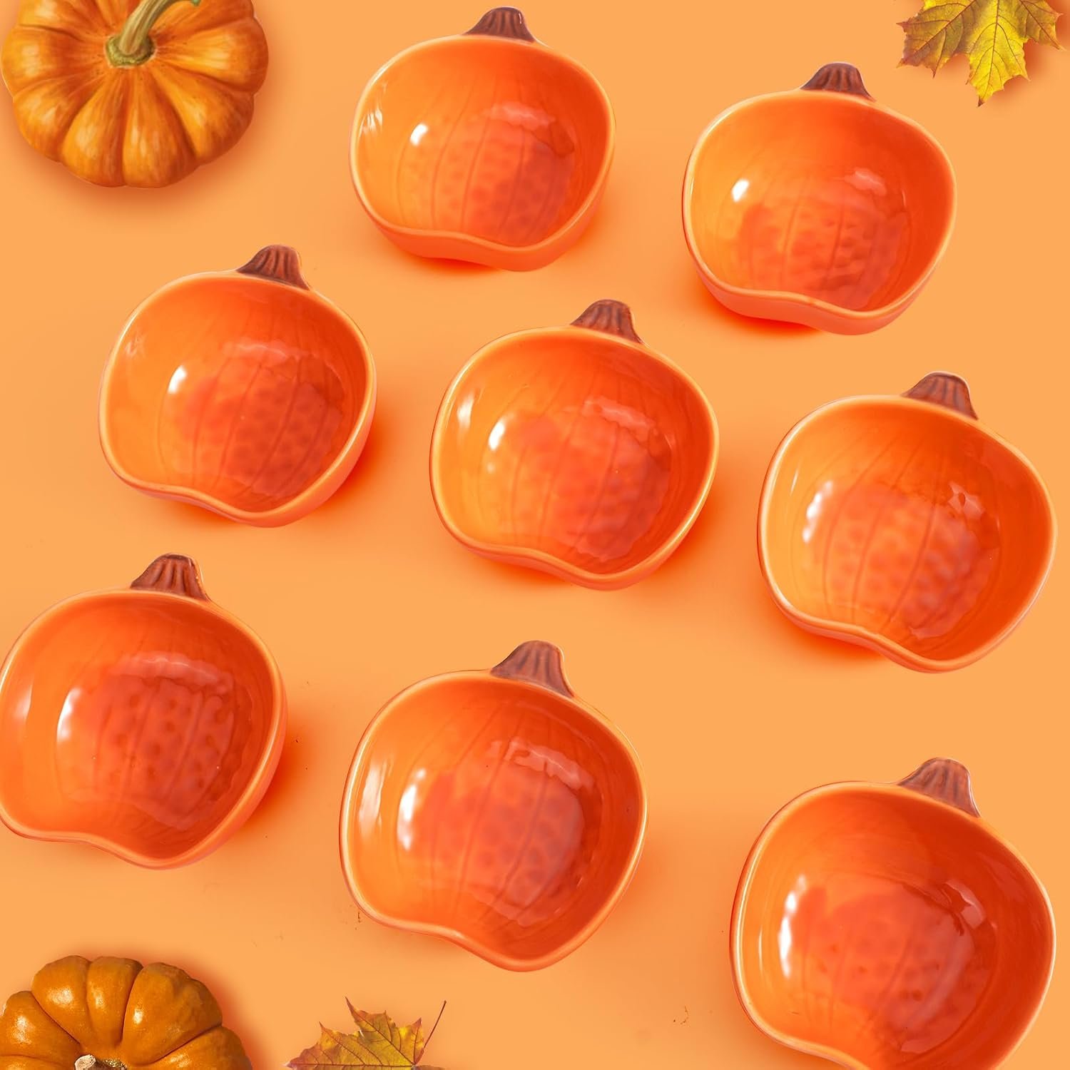 12 Pack Ceramic Pumpkin Bowls, 6 oz Small Fall Ramekins, Pumpkin Shaped Dishes for Halloween Thanksgiving Candy Snack Dip Sauce, Orange Mini Bowls for Autumn Party Decor - Image 3