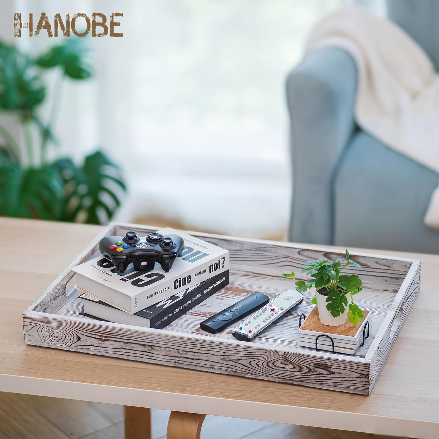Hanobe Large Serving Ottoman Tray: 22'’ Extra Wood Serving Tray with Handles Rustic White Decorative Coffee Table Trays Farmhouse Home Decor for Living Room Kitchen Counter - Image 9