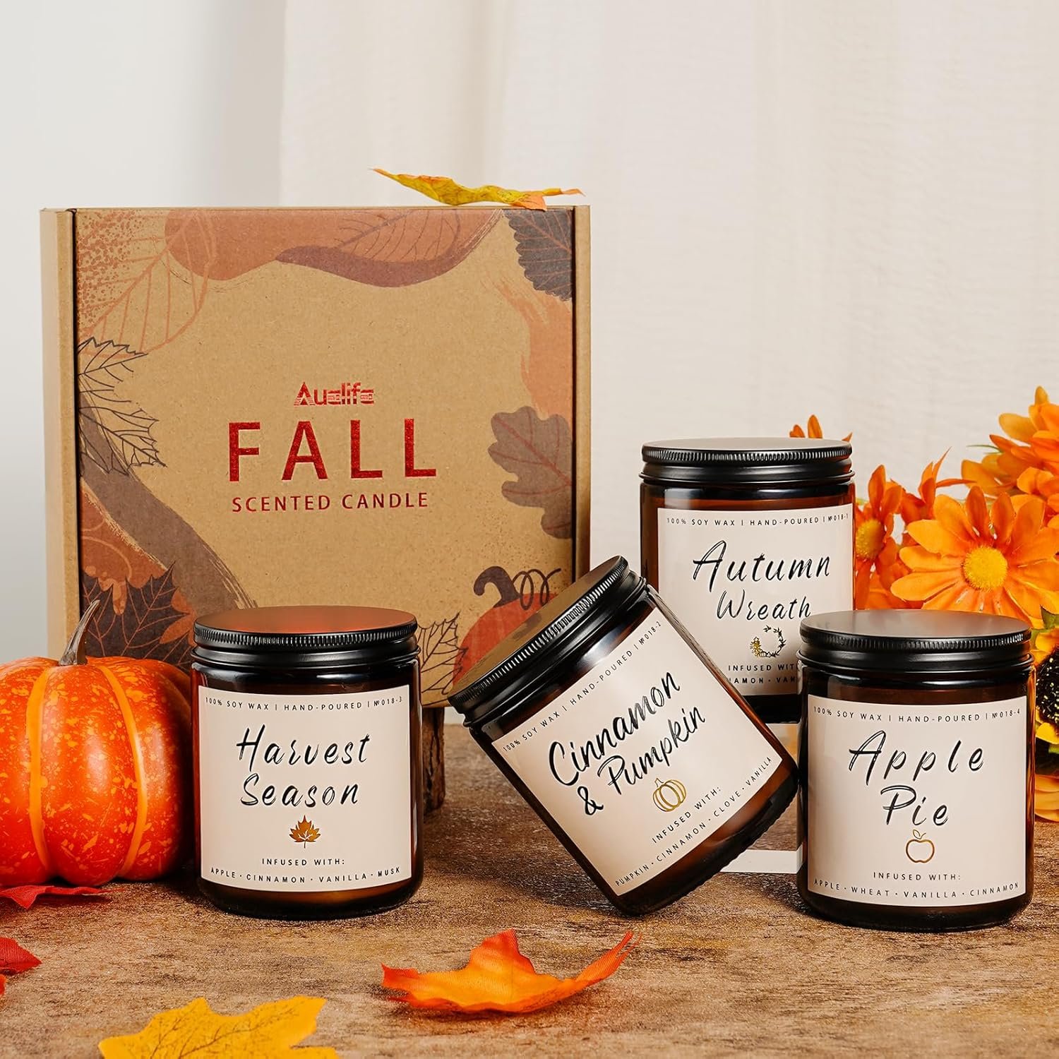 Auelife Fall Candle Set | 4 Pack Scented Candles for Home - Candle Gifts for Women Men, Soy Candles Home Scented | Autumn Fragrance of - Apple Pie/Cinnamon/Harvest/Wreath - Image 6