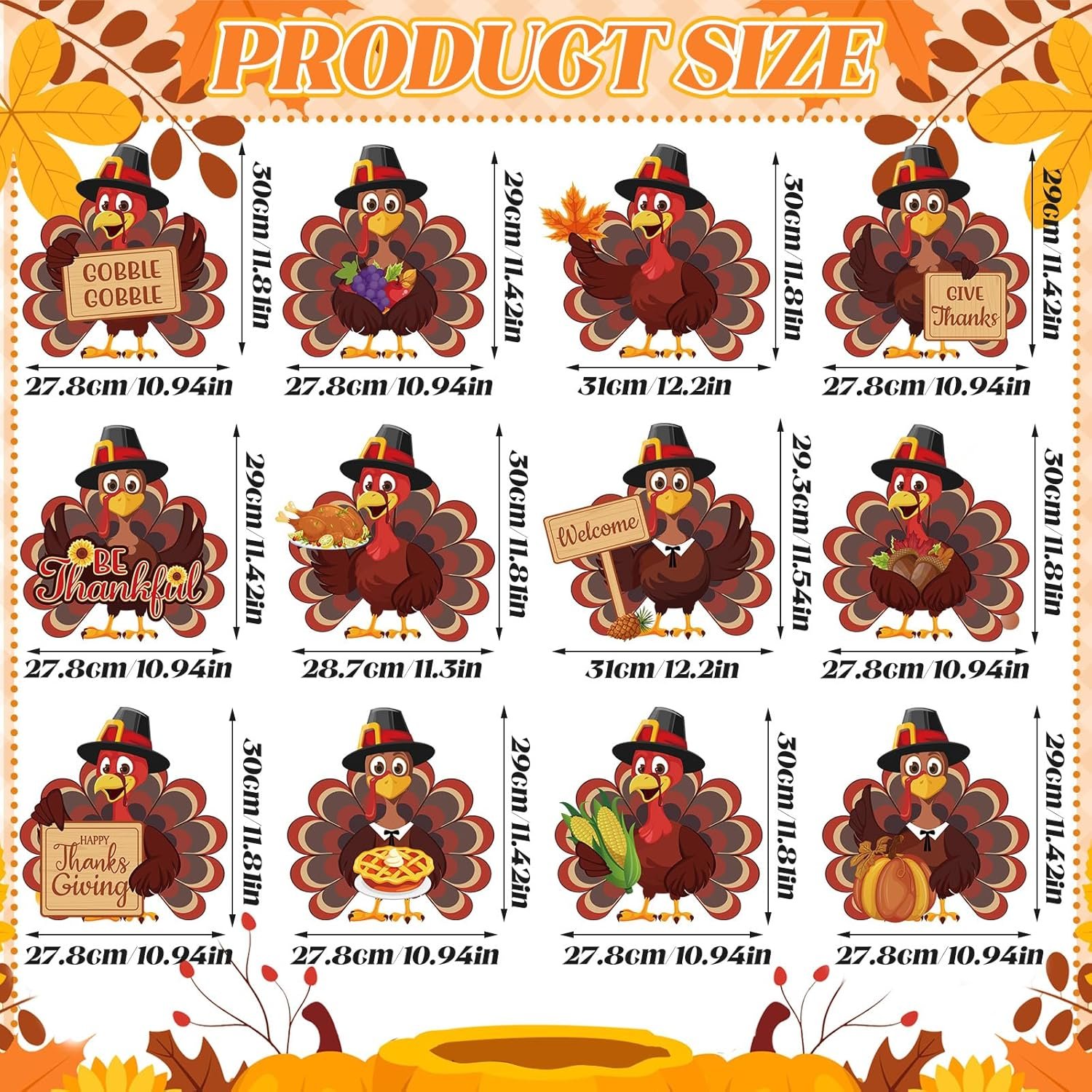 12 Pcs Thanksgiving Turkey Yard Signs with 24 Stakes Happy Thanksgiving Yard Decorations Outdoor Waterproof Fall Turkey Decor Harvest Sign for Autumn Party Supplies Lawn Patio Outdoor - Image 2