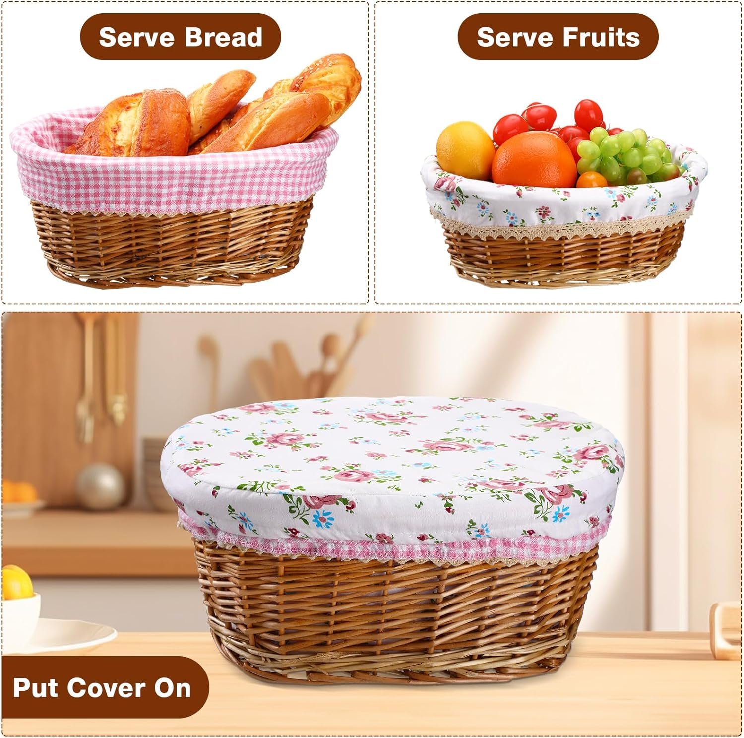 2 Sets Wicker Bread Basket for Serving Set 11 and 12 Inch Sourdough Proofing Woven Bread Baskets with Removable Liner and Tong Fruit Storage Container for Fall Thanksgiving Party(Fresh Style) - Image 4