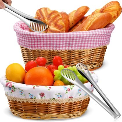 2 Sets Wicker Bread Basket for Serving Set 11 and 12 Inch Sourdough Proofing Woven Bread Baskets with Removable Liner and Tong Fruit Storage Container for Fall Thanksgiving Party(Fresh Style)