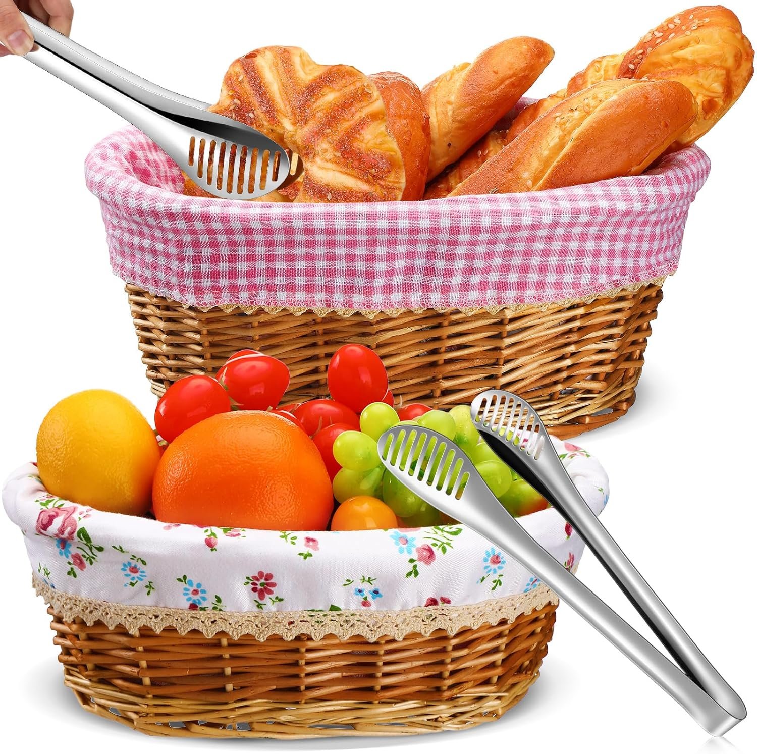 2 Sets Wicker Bread Basket for Serving Set 11 and 12 Inch Sourdough Proofing Woven Bread Baskets with Removable Liner and Tong Fruit Storage Container for Fall Thanksgiving Party(Fresh Style)