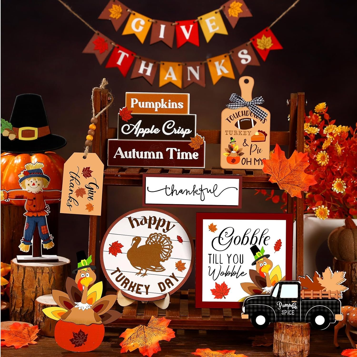 24 Pcs Thanksgiving Tiered Tray Decoration Fall Thanksgiving Decoration Farmhouse Rustic Wooden Sign Turkey Truck Scarecrow Fall Decoration Warm Thanksgiving Fall Home Table Kitchen Decorative Tray - Image 5