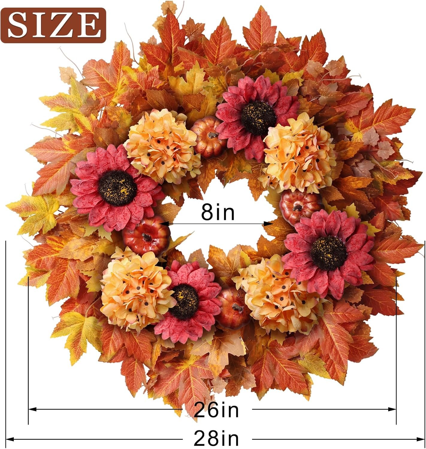 28'' Large Fall Wreath for Front Door, Porch, Window- Artificial Maple Leaves Faux Sunflower Hydrangea Pumpkins Outdoor Autumn Wreath for Home, Farmhouse Wall Thanksgiving Day Harvest Festival Decor - Image 6