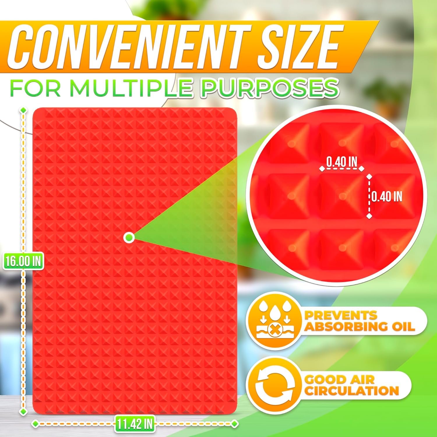 Non Stick Baking Cooking Mat - 16x11.5" Silicone Baking Mat, Fat Filtering Red Pyramid Design, for Roasting, BBQ & Pastry Making - Oven and Microwave Bacon Cooker Food Grade, Flexible & Easy-to-Clean - Image 2