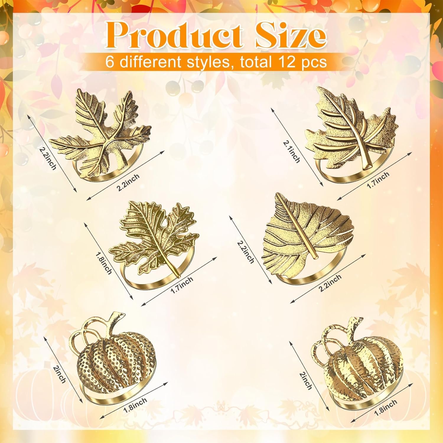 Thanksgiving Napkin Rings Set of 12 Maple Leaf Gold Fall Napkin Rings Holders Buckle Pumpkin Patterns for Thanksgiving Harvest Christmas Daily Home Party Table Decor Wedding Supplies - Image 2