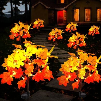 Fall Solar Lights Outdoor Decorative, 2Pack 40LED Solar Fall Lights Waterproof for Yard & Garden,Fall Outdoor Decorations for Yard, Maple Leaf Thanksgiving Halloween Christmas Grave Décor (2 Pack)