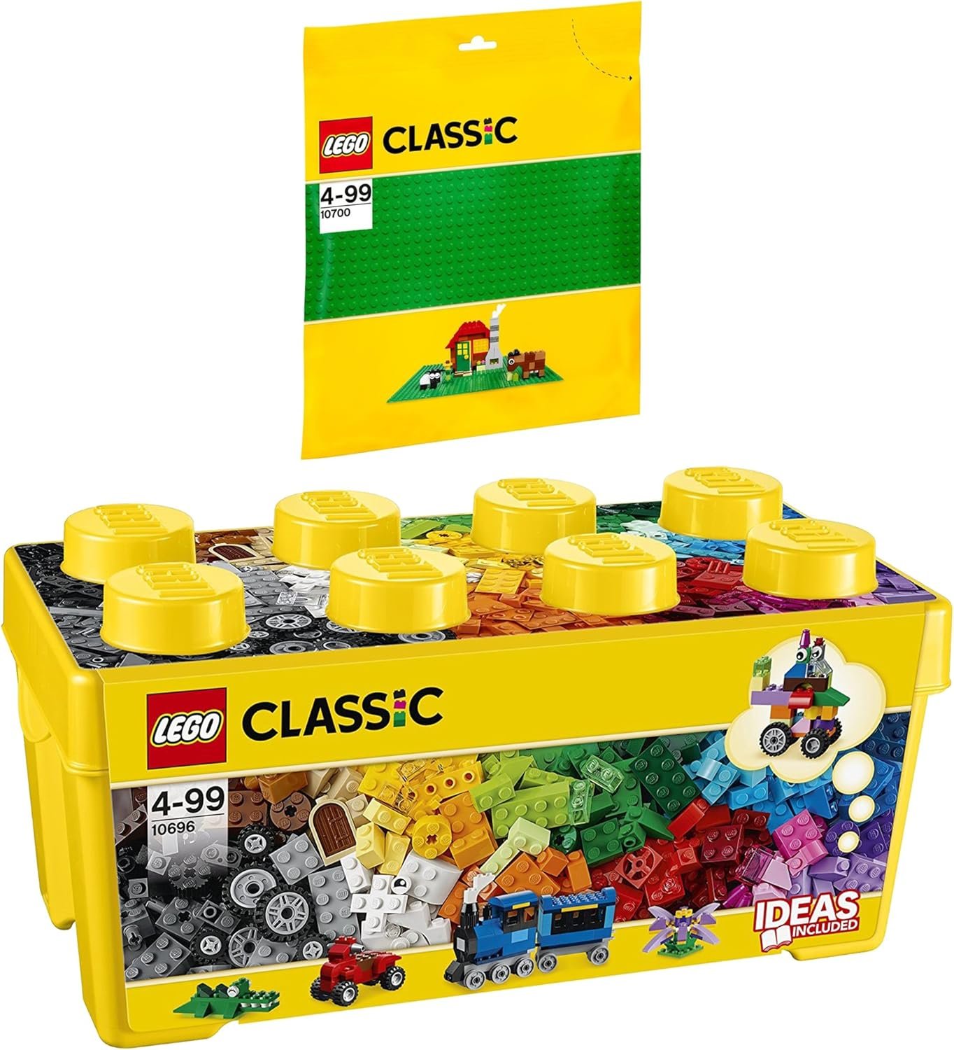 Lego Classic Set of 2 10696 & 10700 Building Blocks Box + Green Base Plate - Creative Construction Toy for Children, Promotes Fine Motor Skills and Imagination, Ideal for Construction Projects and